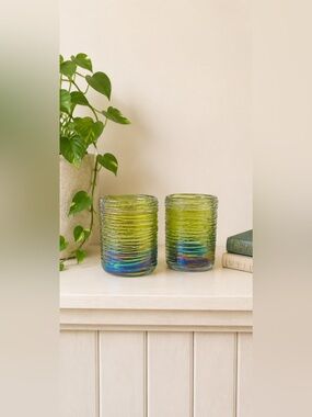 Vintage Hand Blown Iridescent Art Glass Tumblers Set of 2 Rainbow‎ Lustre Studio